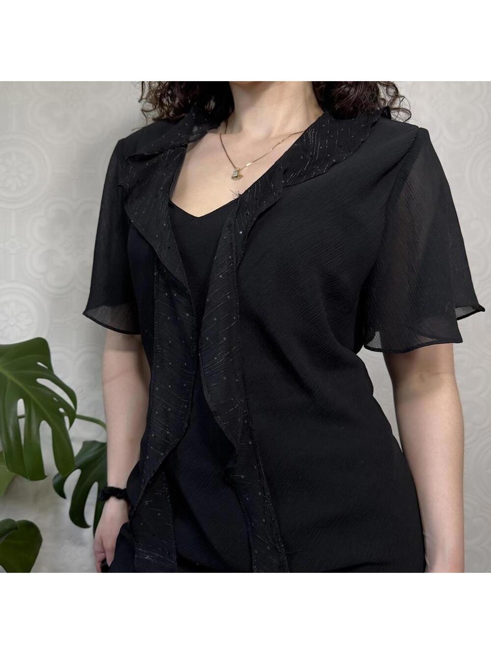 Vintage Black Ruffle Blouse Womens 2XL Whimsigoth Chiffon w/ Sequins by Ssada